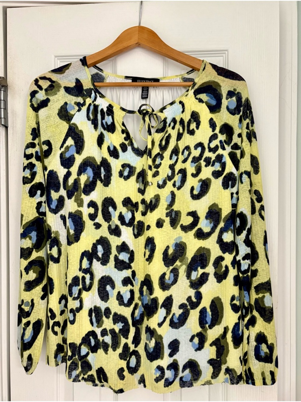 Ellen Tracy Yellow Leopard Print Tie-Neck Blouse